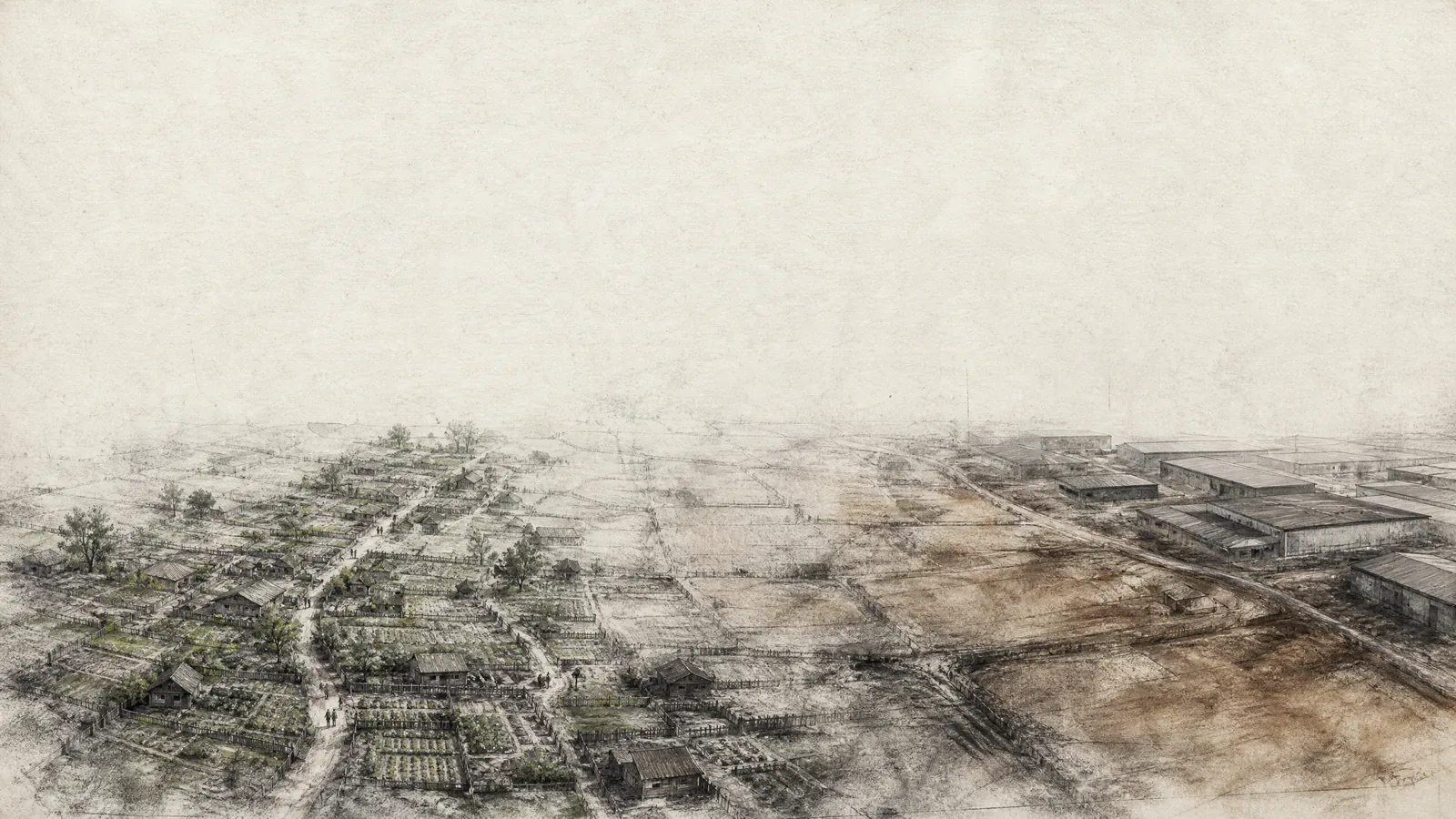 Charcoal landscape: many small farm holdings with gardens, paths and roofs, drawn on open paper beneath a pale sky