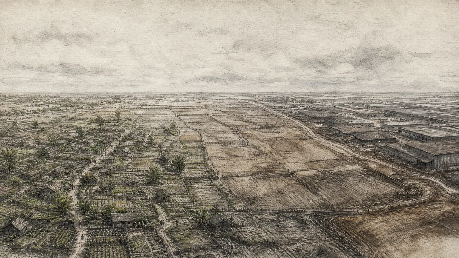 Charcoal landscape study composed on the golden ratio: open paper sky above, drawn farmland below