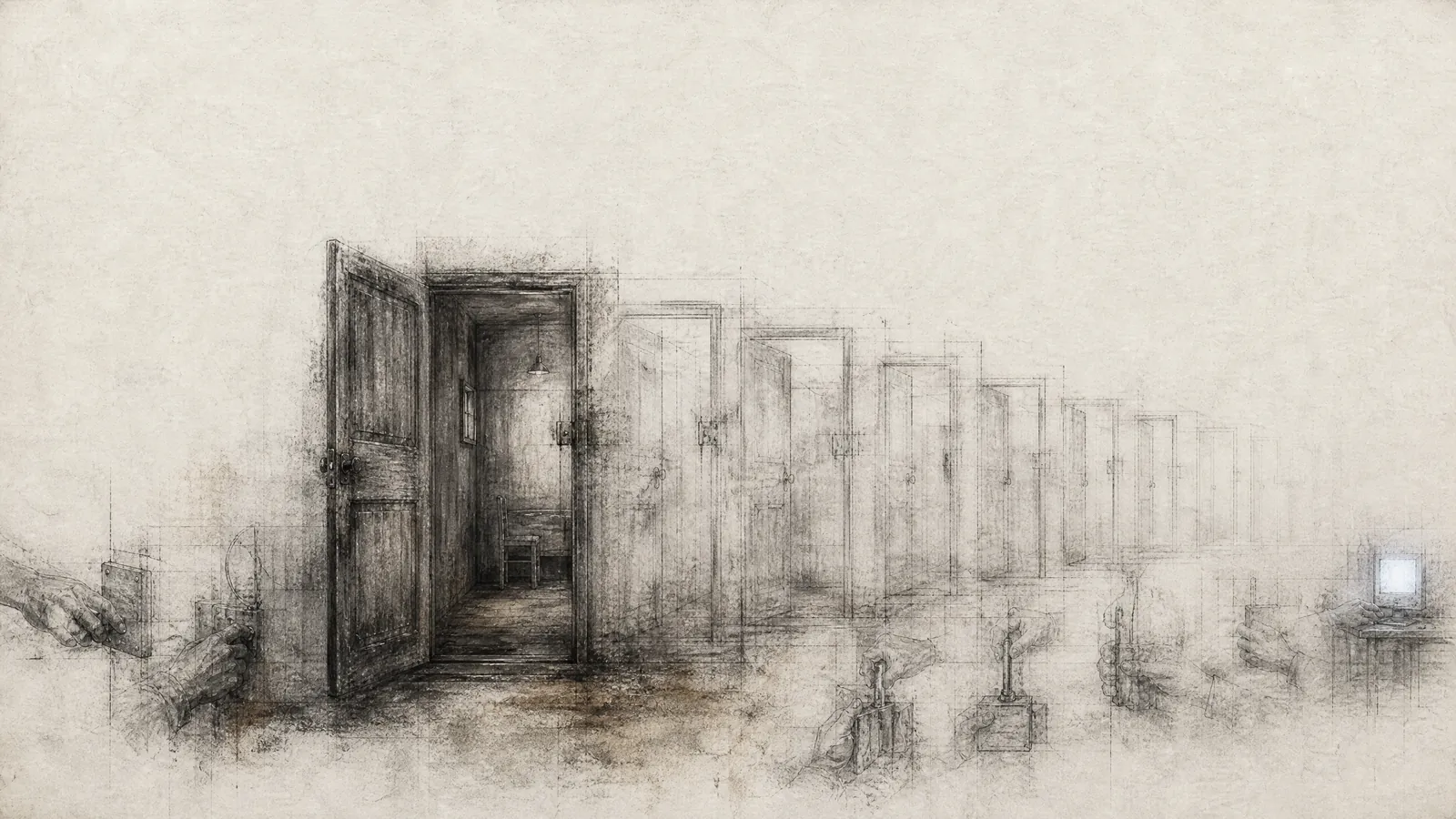 Charcoal drawing of repeated closed doors standing in rows, a cool grey gathering at the edges of the paper