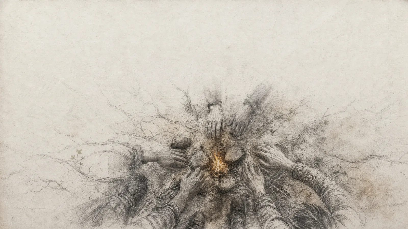 Charcoal drawing of figures standing together on open ground, warmth gathering around joined hands